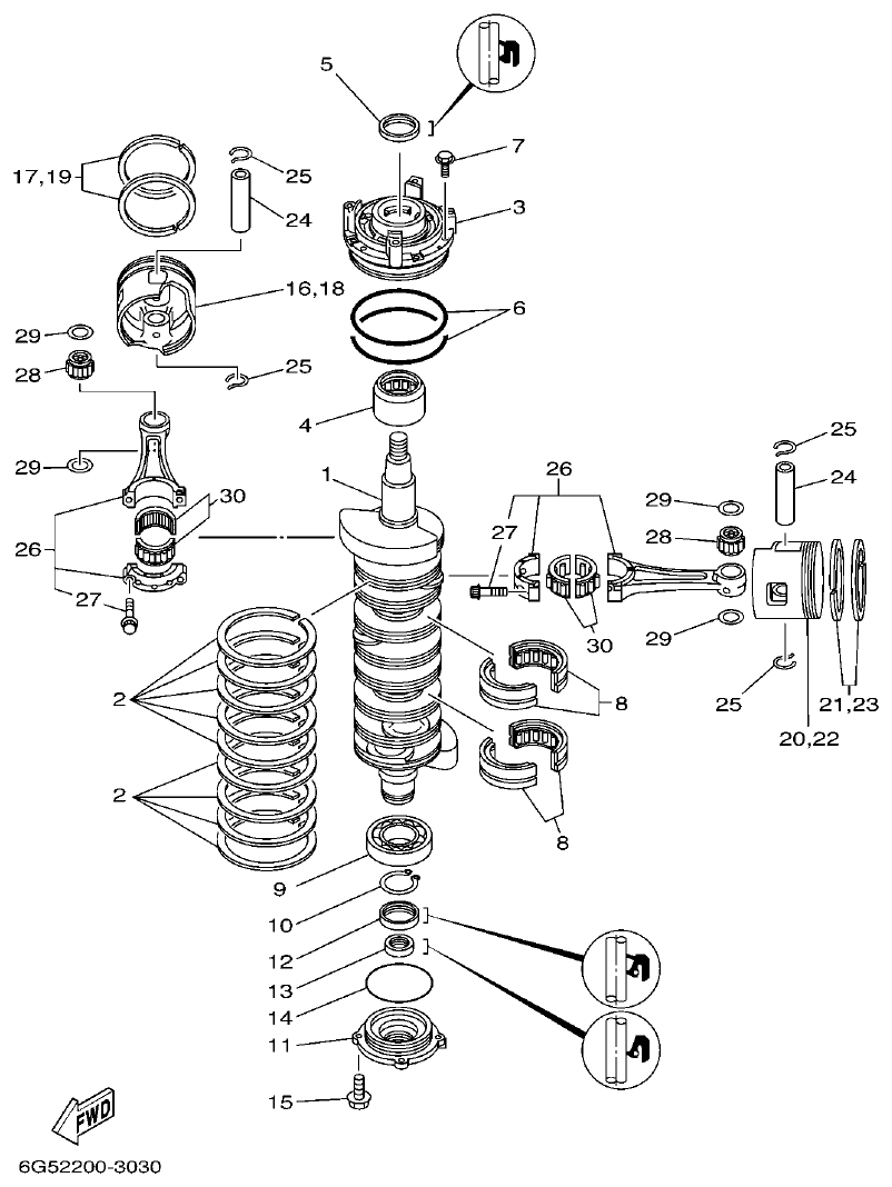 Yamaha 150AET, 200AET, L150AET, L200AET CRANKSHAFT & PISTON parts diagram